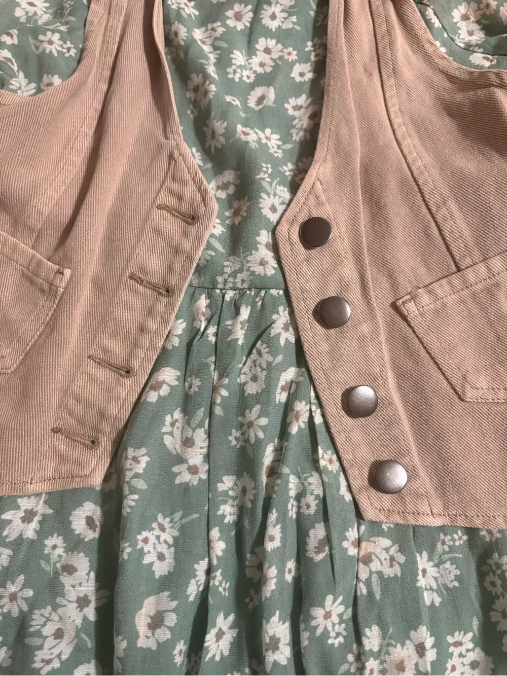 Beautees Sage Green Floral Dress with Blush Pink Vest